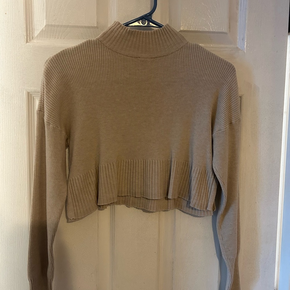 Tan Ribbed Cropped Sweater